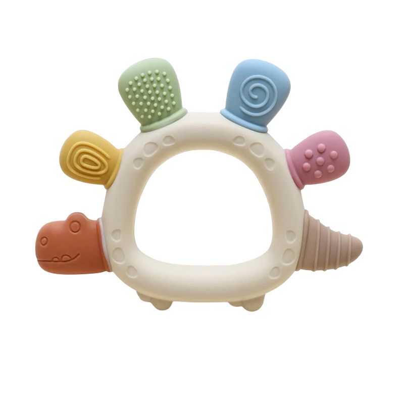 Anneau de dentition dinosaure avec anneau en bois naturel et silicone sensoriel - Bébé Lova