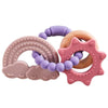 Bracelet de dentition bébé avec arc-en-ciel rose, soleil sensoriel et anneau en bois naturel - Bébé Lova