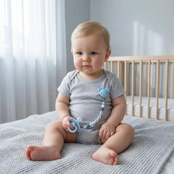 Bébé garçon avec attache sucette personnalisée prénom Levi dans une chambre enfant douce - Bébé Lova
