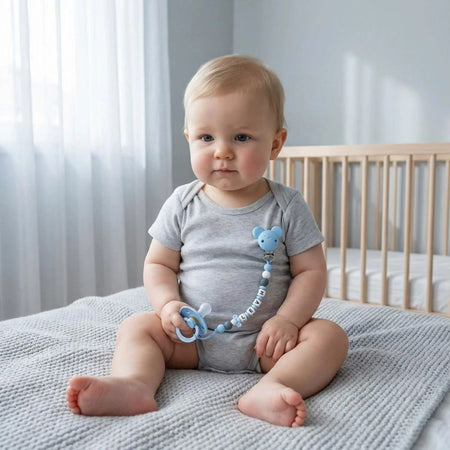 Bébé garçon avec attache sucette personnalisée prénom Levi dans une chambre enfant douce - Bébé Lova