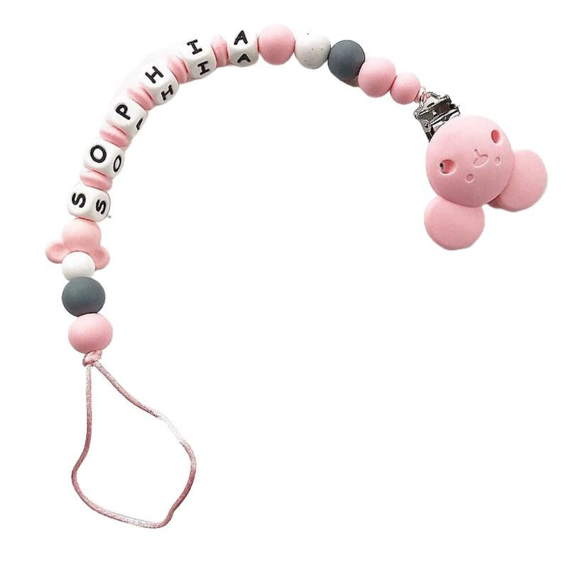 Attache sucette personnalisée prénom Sophia en silicone rose poudré avec perles douces - Bébé Lova