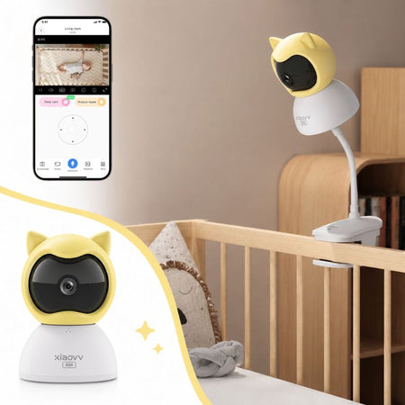 Caméra babyphone WiFi jaune fixée au lit bébé avec surveillance à distance via smartphone - Bébé Lova