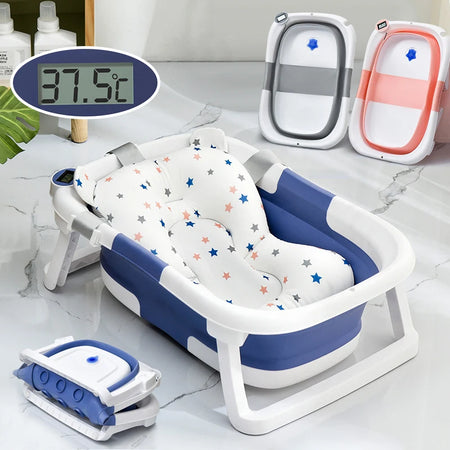 Baignoire pliable bébé avec affichage de température en temps réel et matelas confort bleu - Bébé Lova