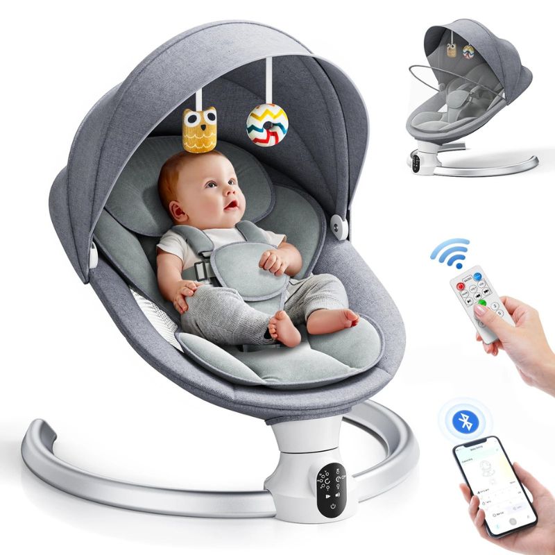 Balancelle électrique bébé grise avec télécommande et contrôle via application mobile - Bébé Lova