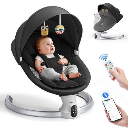 Balancelle électrique bébé noire avec moustiquaire, télécommande et connexion Bluetooth - Bébé Lova