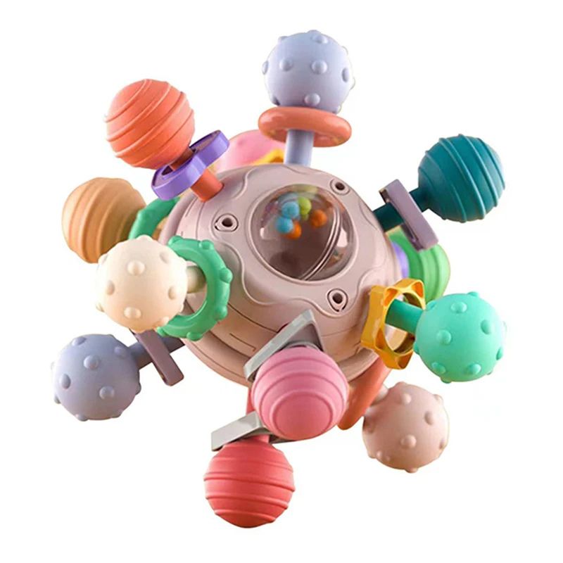 Balle sensorielle de dentition bébé modèle multicolore clair avec textures variées et éléments à manipuler - Bébé Lova
