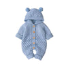 Barboteuse bébé en tricot bleu à capuche avec oreilles d'ourson et pompons - Bébé Lova