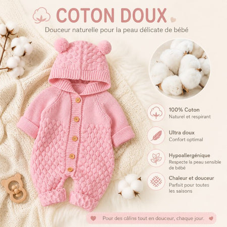 Barboteuse bébé en tricot coton doux, respirant et hypoallergénique, modèle rose à capuche - Bébé Lova