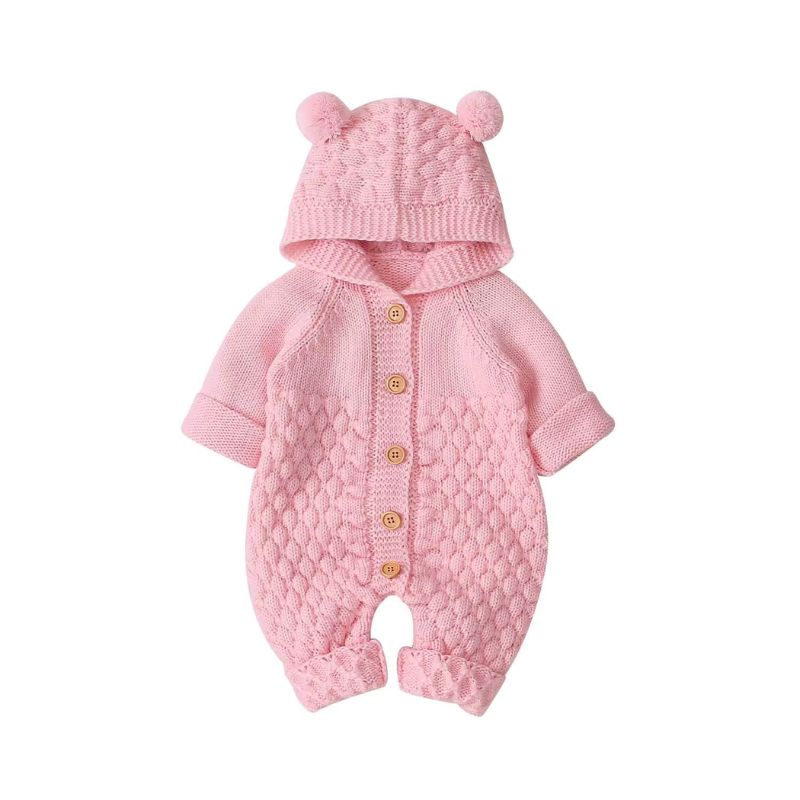 Barboteuse bébé en tricot rose à capuche avec oreilles d'ourson et boutons en bois - Bébé Lova