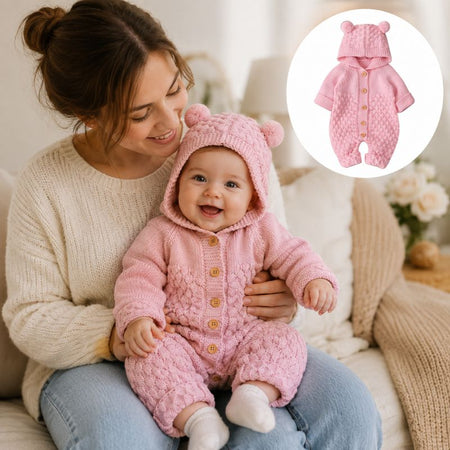 Bébé souriant porté par sa maman, vêtu de la barboteuse tricot rose à capuche oreilles d'ourson - Bébé Lova