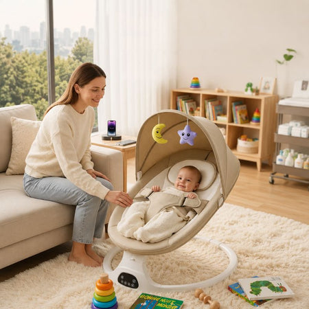 Maman utilisant un berceau balancelle électrique mains libres avec bébé dans un salon lumineux - Bébé Lova