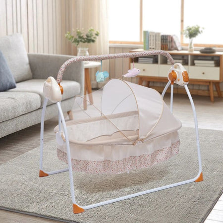 Berceau électrique BlueTune2 floral beige salon lifestyle moustiquaire - Bébé Lova
