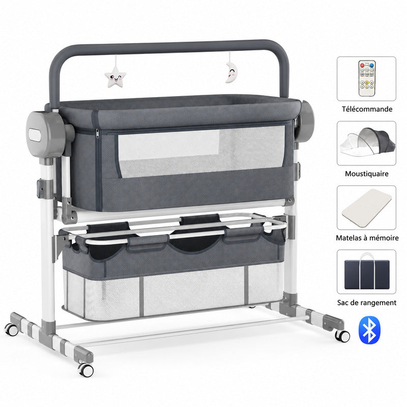 Berceau intelligent gris avec matelas mémoire et connectivité Bluetooth - Bébé Lova