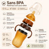Composition biberon silicone anti-colique sans BPA avec tétine paille intégrée et poignées amovibles - Bébé Lova