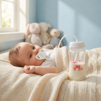 Bébé allongé utilisant le biberon mains libres TriFlow avec tétine autonome sur couverture douce - Bébé Lova