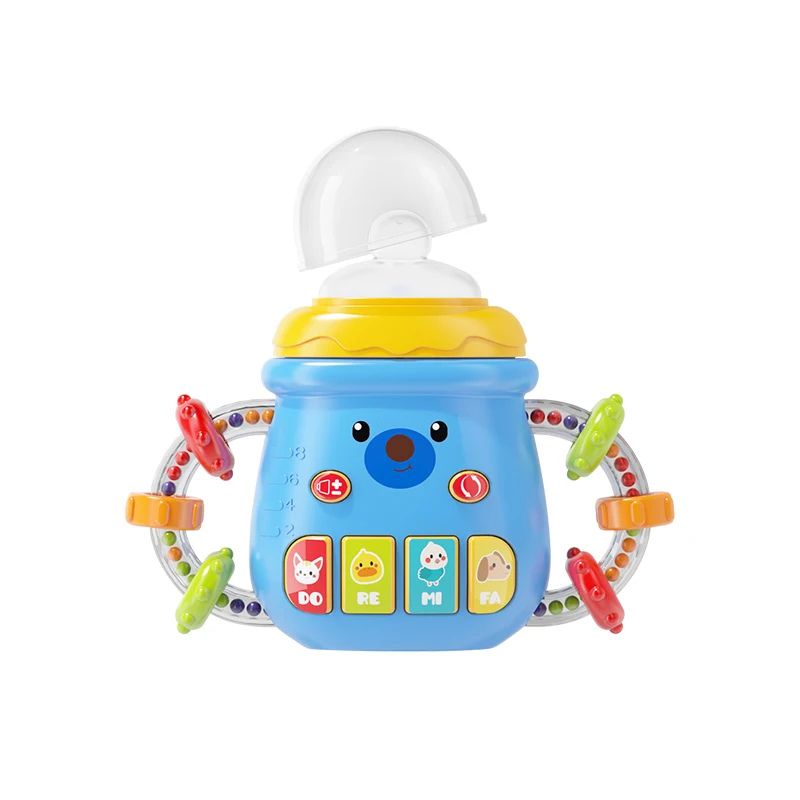 Biberon hochet musical éducatif bleu avec sucette en silicone et anneaux sensoriels pour bébé - Bébé Lova