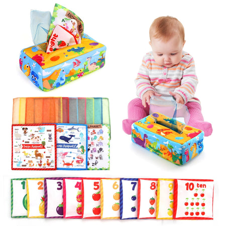 Bébé jouant avec une boîte à mouchoirs sensorielle Montessori et des foulards colorés - Bébé Lova