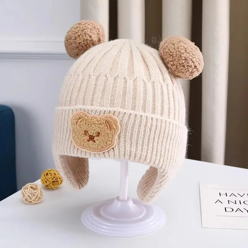 Bonnet bébé ivoire avec oreilles teddy et écusson ourson beige - Bébé Lova