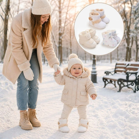Maman et bébé marchant main dans la main dans la neige, bébé portant des bottines fourrées, avec aperçu de trois modèles en médaillon - Bébé Lova