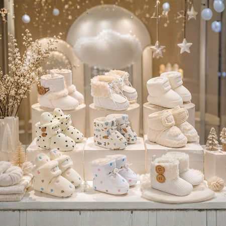 Présentation de la collection de bottines bébé fourrées dans une vitrine hivernale décorée d'étoiles et de sapins - Bébé Lova