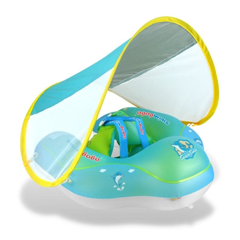Bouée bébé gonflable bleue avec pare-soleil et motifs dauphins - Bébé Lova
