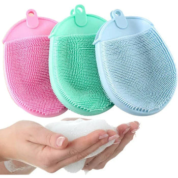 Brosses de bain en silicone exfoliantes rose verte et bleue avec mousse nettoyante - Bébé Lova