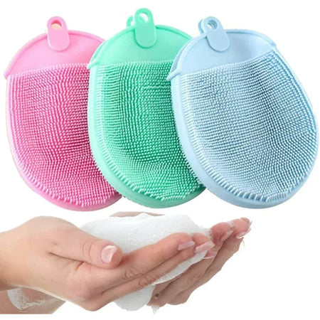 Brosses de bain en silicone exfoliantes rose verte et bleue avec mousse nettoyante - Bébé Lova