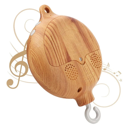 Vue détaillée du carillon musical effet bois avec boutons intégrés  et notes de musique- Bébé Lova
