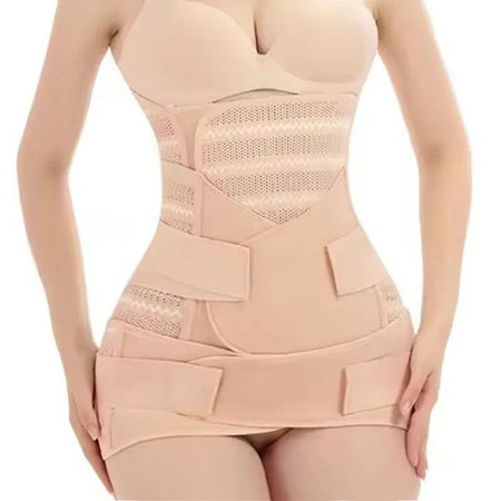 Vue avant de la ceinture post-partum beige avec maintien abdominal renforcé - Bébé Lova