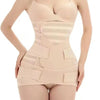 Ceinture post-partum beige portée de profil pour soutien ventre et bassin après grossesse - Bébé Lova