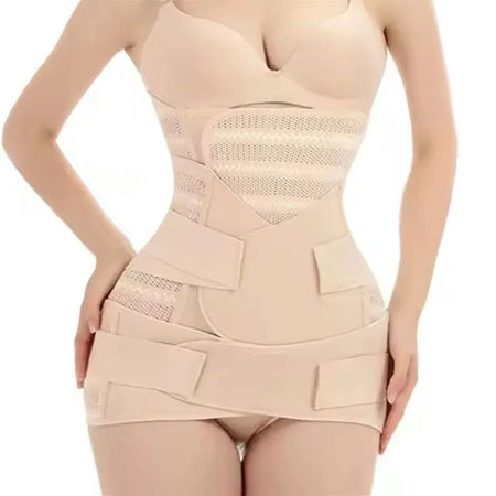 Ceinture post-partum beige portée de profil pour soutien ventre et bassin après grossesse - Bébé Lova