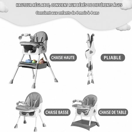 Chaise haute bébé évolutive avec positions chaise haute, chaise basse et mode pliable - Bébé Lova