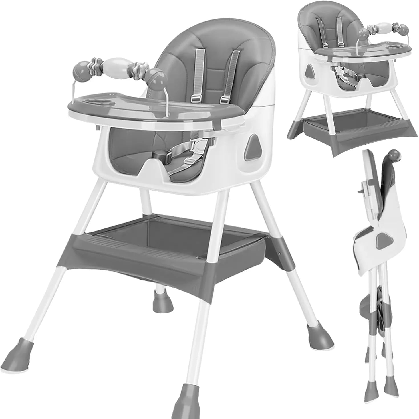 Chaise haute bébé évolutive gris classique avec harnais de sécurité et plateau repas - Bébé Lova