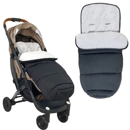 Chancelière noire installée sur une poussette et présentée seule - Bébé Lova