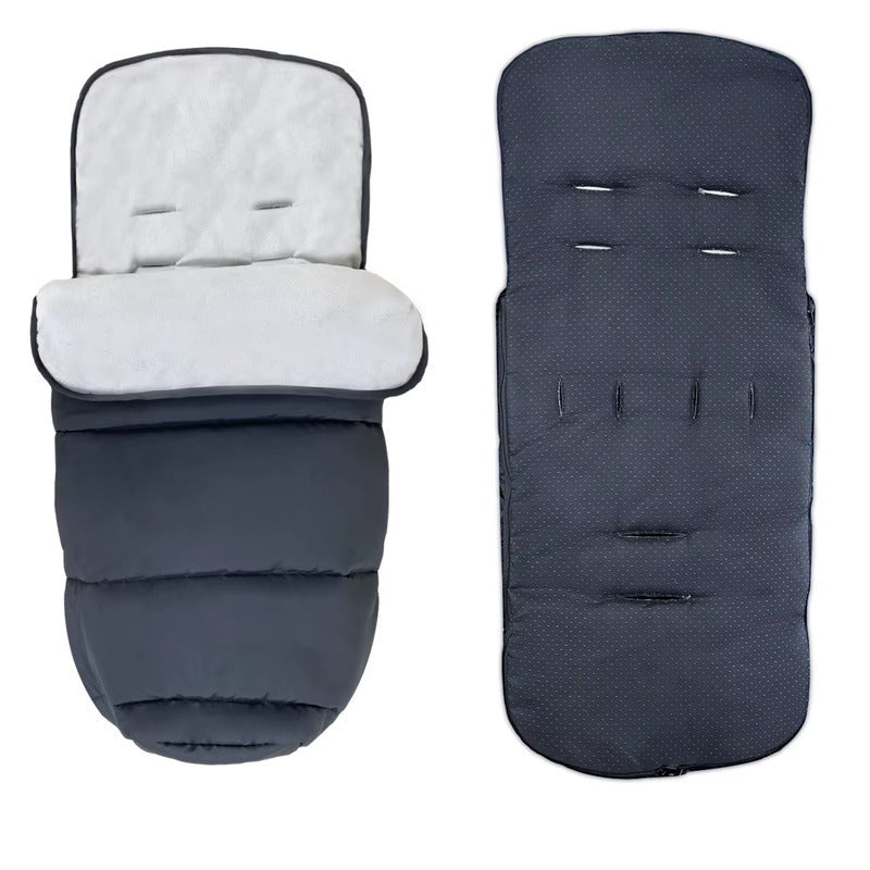 Vue de face et de dos de la chancelière de poussette avec doublure polaire grise - Bébé Lova