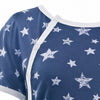 Gros plan sur l'ouverture à pressions et le passepoil blanc du col de la chemise de nuit de maternité à motif étoiles - Bébé Lova