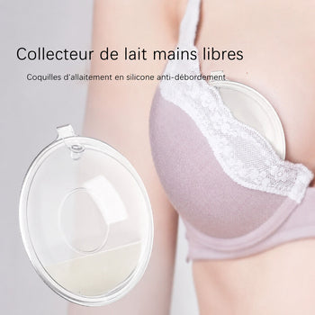 Coquille d’allaitement mains libres en silicone anti-débordement portée dans un soutien-gorge - Bébé Lova