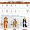 Guide des tailles des combinaisons bébé à capuche animal avec mensurations en cm et modèles lion, tigre et pingouin - Bébé Lova