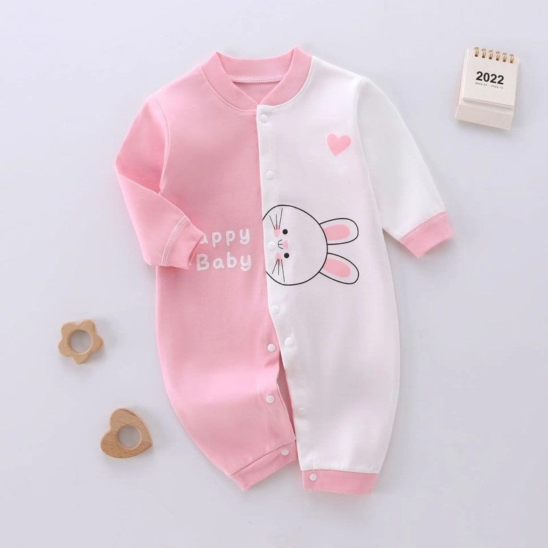 Combinaison bébé en coton rose et blanc à motif lapin Happy Baby, manches longues et fermeture pression - Bébé Lova
