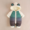 Combinaison bébé d'hiver matelassée à capuche oreilles d'ourson, coloris vert dégradé, présentée à plat - Bébé Lova
