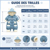 Guide des tailles de la combinaison bébé d'hiver avec mensurations en cm et pouces et âges recommandés - Bébé Lova