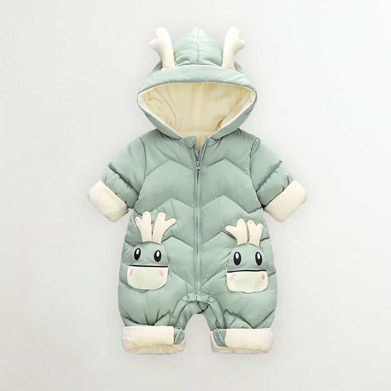 Combinaison bébé d'hiver matelassée vert sauge à capuche bois de cerf et poches en forme de petit cerf - Bébé Lova