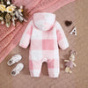 Vue de dos de la combinaison bébé à capuche en polaire à carreaux rose et blanc - Bébé Lova