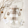 Vue de dos de la combinaison bébé à capuche en polaire à carreaux beige et blanc - Bébé Lova