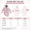 Guide des tailles de la combinaison pilote bébé à pieds intégrés avec mensurations en cm et âges - Bébé Lova