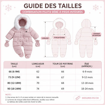 Guide des tailles de la combinaison pilote bébé à pieds intégrés avec mensurations en cm et âges - Bébé Lova