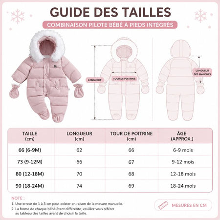 Guide des tailles de la combinaison pilote bébé à pieds intégrés avec mensurations en cm et âges - Bébé Lova