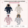 Combinaison pilote bébé à pieds intégrés présentée en quatre coloris : bleu marine, beige, rose et gris - Bébé Lova