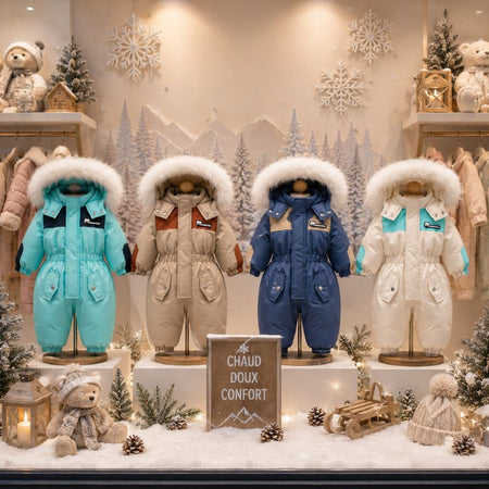 Combinaisons de ski bébé turquoise, kaki, bleue et écrue présentées en vitrine dans une ambiance hivernale - Bébé Lova