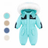 Combinaison de ski bébé turquoise à capuche fourrée avec nuancier des quatre coloris disponibles - Bébé Lova